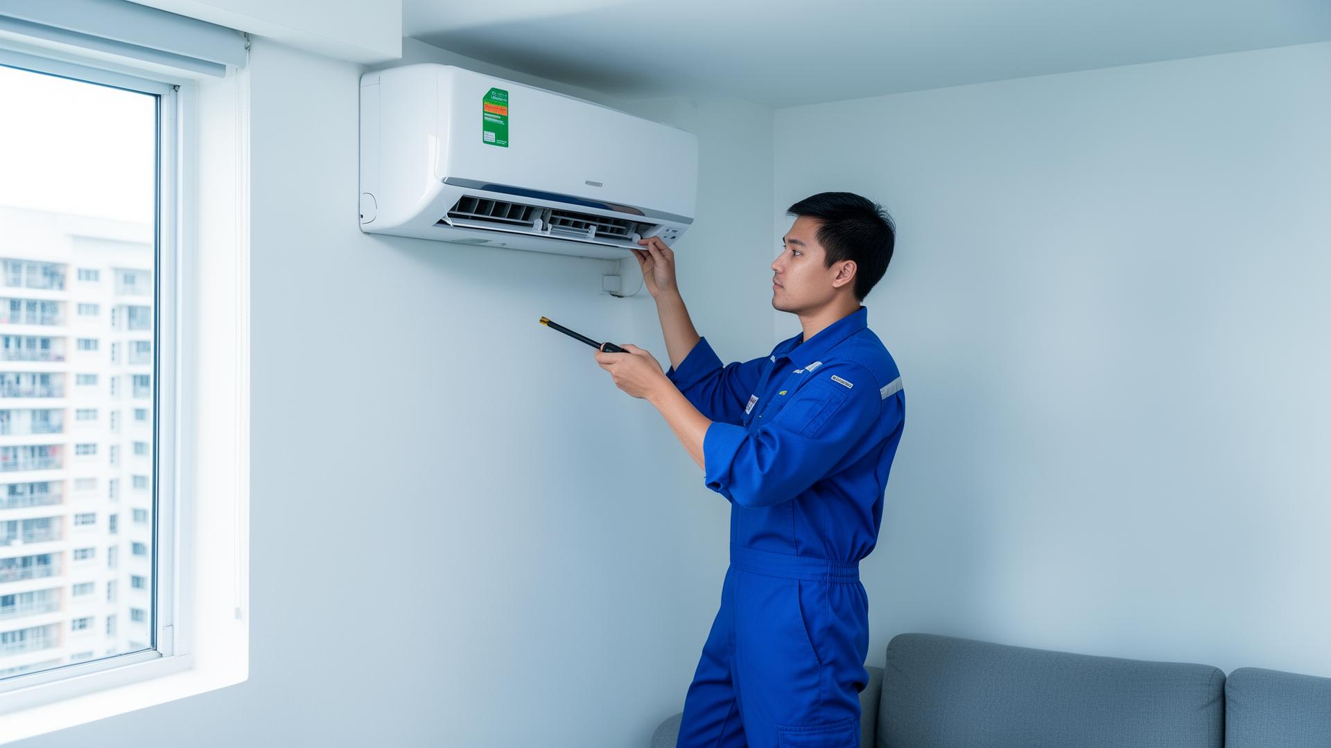 Best Aircon technician servicing an air conditioner in a Singapore home