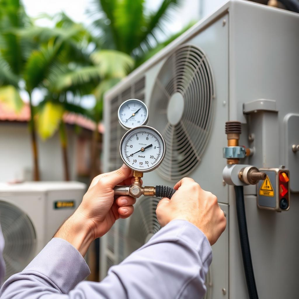 Checking refrigerant gas pressure on outdoor unit